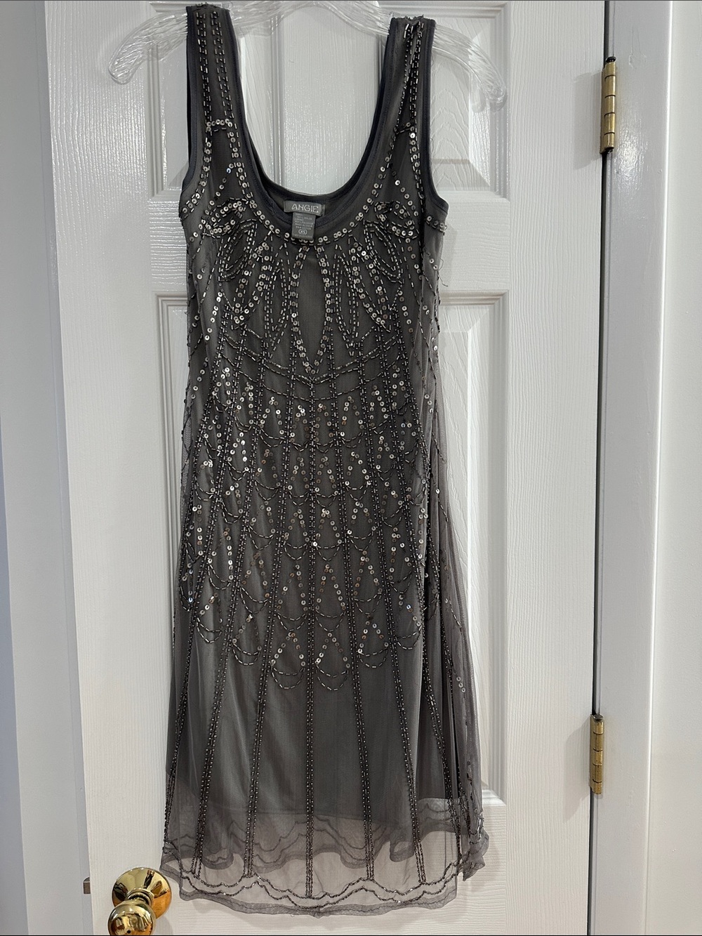 Angie Metallic Gray Beaded Mesh Cocktail Dress